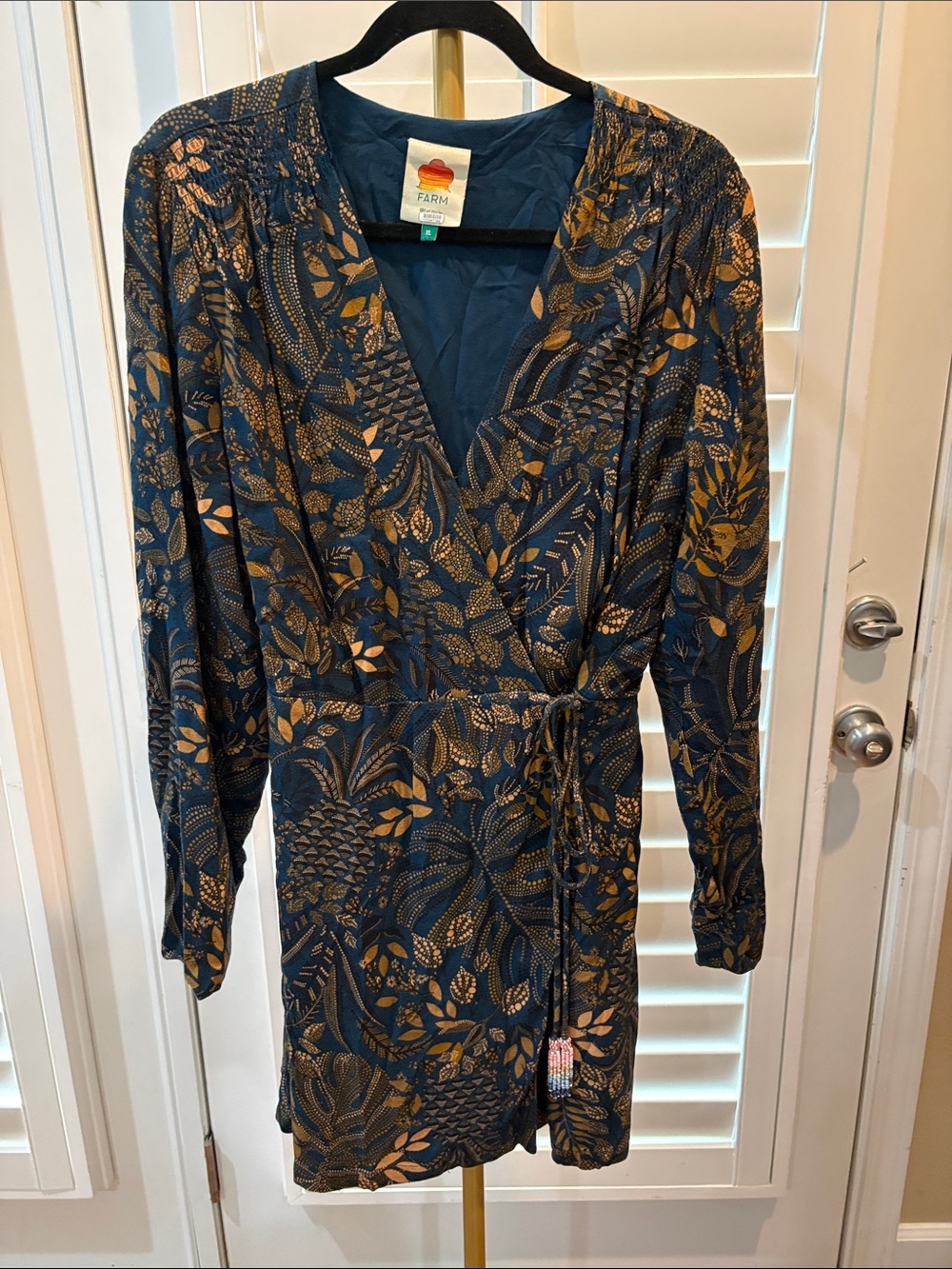 FARM Rio Teal and Gold Botanical Wrap Dress